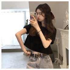 短版上衣 露肚臍 寬鬆 素色 圓領 短袖