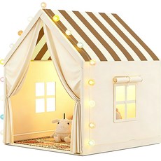 SeekFun 실내 텐트 홈캠핑 귀여운 격자 무늬 놀이집 편리한 세탁 핑크 베이지, 1개, 베이지색(줄무늬)