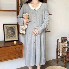봄 가을 임산부 긴팔 잠옷 원피스 임부 스트라이프 원피스 잠옷 레이스 장식 홈웨어 원피스 JS