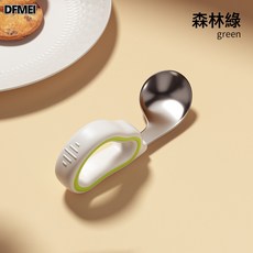 DFMEI 兒童餐具316L不鏽鋼勺叉自主進食彎叉勺學吃飯訓練勺子短柄輔食勺, 1個, 如圖, 【綠色】316不鏽鋼彎頭勺子
