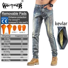 WOLFRIDER 오토바이 청바지 남성용 아라미드 섬유 보호 팬츠 무릎 포함 투어링 모토크로스 라이딩용, 02 S, 03 light blue 199