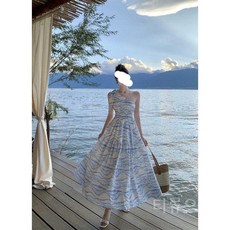 티류으스 여성 여름 원숄더 드레스 허리라인 강조 디자인 롱 휴가 바캉스 사진 촬영용 WY