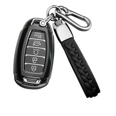 MODACE 현대 차키케이스+가죽 메탈 키링 열쇠고리(4/5버튼)TPU 소프트젤 보호 케이스, 5버튼-실버 블랙