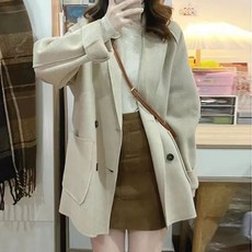고급스러운 양면 벨벳 모직 코트 루즈핏 소형 모직 라펠 코트