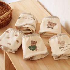 티류으스 베이지 캐릭터 곰돌이 심리스 여성 팬티 순면 사각 팬티 5P