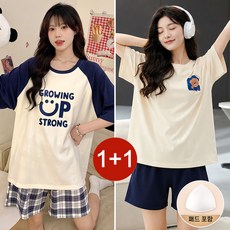 WAIJER 1+1 여성 여름 캡내장 잠옷 세트 큐트 캐릭터 홈웨어 반팔 반바지 상하세트 파자마