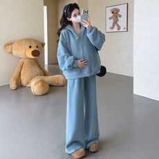 임부복 추동 세트 가을 겨울 임산부 패션 트렌드 도톰 후드 코트 루즈핏 와이드 팬츠 캐주얼 투피스 YHY