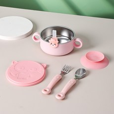 DFMEI 嬰兒輔食研磨碗兒童316不鏽鋼吸盤碗吃飯勺子專用碗帶吸盤吸管碗, 1個, 316碗+吸盤+吸管+304不鏽鋼叉勺-可愛粉:如圖