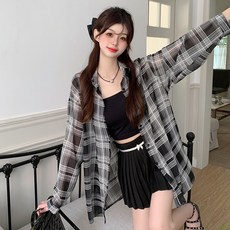 VYRA 오버핏 쉬폰 체크 셔츠 여름 쿨링 자외선 차단 긴팔 남방 남녀공용