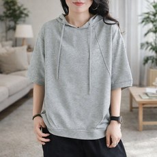 루미빈 여성 순면 후드 프린트 루즈핏 반팔 티셔츠