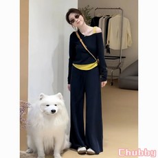 新款設計感撞色假兩件斜肩t卹女 早秋季 韓系穿搭配 休閒運動兩件套裝 寬鬆慵懶風兩件式 韓版氣質減齡ins 甜美百搭套裝