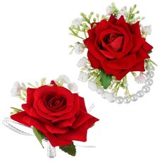 ElevateTech 2피스 레드 로즈 코사지와 부토니에르 세트 손목 코사지 팔찌 밴드 팔찌 남성용 부토니에르 프롬 장식 웨딩 플라워 액세서리 파티 수트, ElevateTech 2피스 레드 로즈 코사지와 부토니