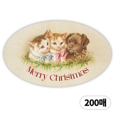 디어플레이스 크리스마스 포장 데코 오벌 스티커, 200매, 03 고양이와 강아지