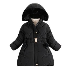 숏패딩 자켓 패딩 재킷 다운 코트 경량 아우터 Happy Cherry 여아용 겨울 헤비웨이트 플리스 스노우 푸퍼 후드 따뜻한 허리 벨트와 포켓 포함 블랙. 168854