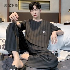 男士純棉短袖長褲睡衣套裝，夏季簡約條紋青年家居服兩件組