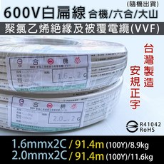 百威電子 含稅 合機 1.6mm / 2.0mm x 2C 白扁線 91.4M (100Y), 1個, 1.6mmx2C 91.4M(捲), R41042