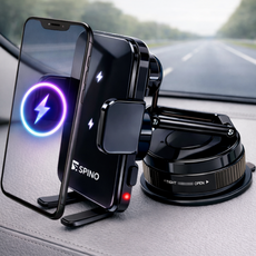 스피노 차량용 고속 무선 핸드폰 충전기 거치대 진공흡착 듀얼코일 15W, 블랙