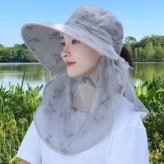 時尚百搭防曬遮陽帽 遮臉護頸 防紫外線 夏季大帽檐太陽帽, 扇子款--灰色（冰絲料）, 均碼（防紫外）