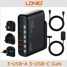 LDNIO 디스플레이 140W 코드 A6140C 6구 고속충전기 3USB-A/3USB-C, 충전기  어댑터 3개  연장 케이블  CC 케이블  추