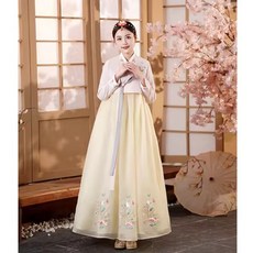여성 한복 여자 고급한복 전통한복 아름다운 하객한복, 1개, 분홍색 상의 +  노란색 스커트 XL