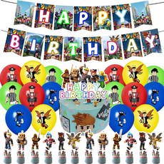 로블록스 생일 파티 장식 배너 풍선 케이크토퍼 키즈 생일 꾸미기 용품, 1개, 생일파티 1개, 생일파티