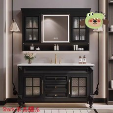 Shark家具 法式複古浴室櫃 落地式組閤巖闆無縫一體盆衛生間洗漱臺洗手盆, 1個, 岩板無縫盆,全橡木80cm+鏡