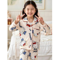 라움리에 여아 남아 긴소매 봄 가을 겨울 키티 실내복 파자마 바지 상하 세트 잠옷