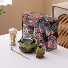 日式窯變抹茶碗茶筅套裝，含攪拌器與濾網, 椰子樹窯變綠5件套, 1個