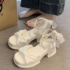 투니스 여성 리본 진주 블록 힐 샌들 6cm