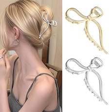 [ 1005079 ] 원애스모트 메탈릭 리본 헤어 클립 (2팩) 미디엄 메탈 클로 골드 & 실버 합금 우아한 클램프 Y2K 세련된 액세서리 두껍고 얇은 모발용