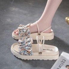 통굽 꽃무늬 키높이 해외여행 슬리퍼 바캉스 샌들 1. 파란색 35
