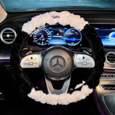毛絨保暖汽車方向盤套 可愛女士車飾裝潢 適合2025新款, mua黑白-長毛絨泡芙方向盤套
