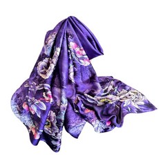 Aufeel 패션 스카프 100% 새틴 실크 롱 경량 자외선 차단 숄 랩 여성용 헤어 스카프 플라워 프린트 라지 141410, 딥 퍼플