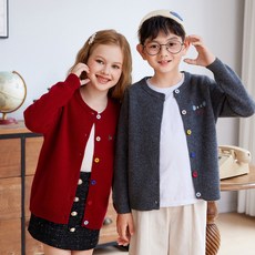 羊毛混紡 寶寶兒童加厚針織開衫，圓領刺繡包扣外套