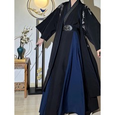 傳統古裝 古風服飾 傳統古裝齊腰襦裙 武俠風【墨竹】原創漢服宋製長幹寺日常刺繡霸氣學生男女cp情侶套裝酷帥 臺灣熱賣, 黑色五件套,XL, 1個