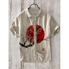 여성 레트로 자수 린넨셔츠 대나무 관절이 달린 하와이안 셔츠 매화 일출 프린트 일본 아트 린넨 레저 휴가 가디건 플립 칼라