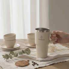 모굼 보온 보냉 대용량 손잡이 스텐 텀블러, 1개, 600ml, 로즈베이지