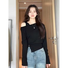 오픈숄더 니트 언발 절개 제품 오프숄더 아이보리 스웨터 여성 어깨트임 겨울 가을