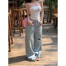 여름 레트로 데미지 루즈핏 스트레이트 와이드 레그 청바지 여성용