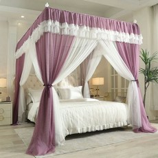 모기장 레이스 캐노피 침대용 거치 침실 커튼형 핑크, F. 로만 퍼플 색상 + 조명 포함 + 팬 마운트 +
