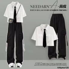 甜酷學生套裝 2025夏季韓版寬鬆工裝設計襯衫工裝褲兩件套