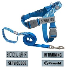 Paworld Service Dog 조끼 당김 없는 보조견 하네스 반사 패치 4개 손잡이가 달린 강아지 조끼 하네스 훈련 중인 소형 중형 대형견을 위한 반려동물 하네, 블루 (레쉬 + 하네스 + 패치 4개)