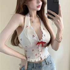 체리 도트 V넥 홀터넥 민소매 나시