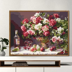 【TangZhen】유화그리기 유화그리기세트 diy 디지털 유화 가방 우편 거실 성인 어린이 손으로 채색 유채화 수제 장식 창문 앞 풍경, 40*50 어셈블리 외곽선(색상 노트) 추가, H734 장미의 약속, 1개