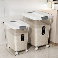 식품 등급 쌀 보관함 주방 밀가루 보관 용기 밀폐 방습 방충 대용량 30kg 60kg 플라스틱 용기, 바퀴 달린 투명 화이트 [30+ 30kg