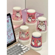 다나에 50개 100개 세트 헬로키티 일회용 종이컵 두툼한 가정용 커피 250ml물컵 +Integrated International Trade Co. Ltd 머리핀, 1세트, 100개입