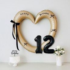 연지마켓 생일 하트프레임풍선 블랙 숫자 생일파티 용품 세트 (자유레터링), 1세트, 베이지하트 숫자 12
