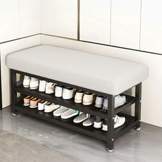 오아루 철제 현관 벤치 신발장 수납장, 화이트+블랙프레임