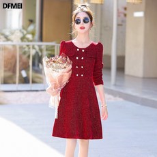 DFMEI 프렌치 슬리밍 블랙 원피스 블링블링한 레드 원피스