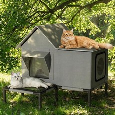 INRLKIT 야외 고양이를 위한 고양이 집 - 높은 베이스가 있는 외부용 내후성 집 방수 처마 및 탈출 문 외부 길 잃은 헛간 고양이용 그라운드 네일이 야생 보호소12356